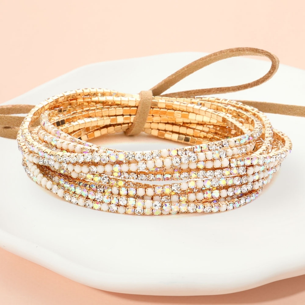 Opal Abalone Gold Rhinestone Crystal 12 Pcs Layered Stretch Bracelets Jewelry